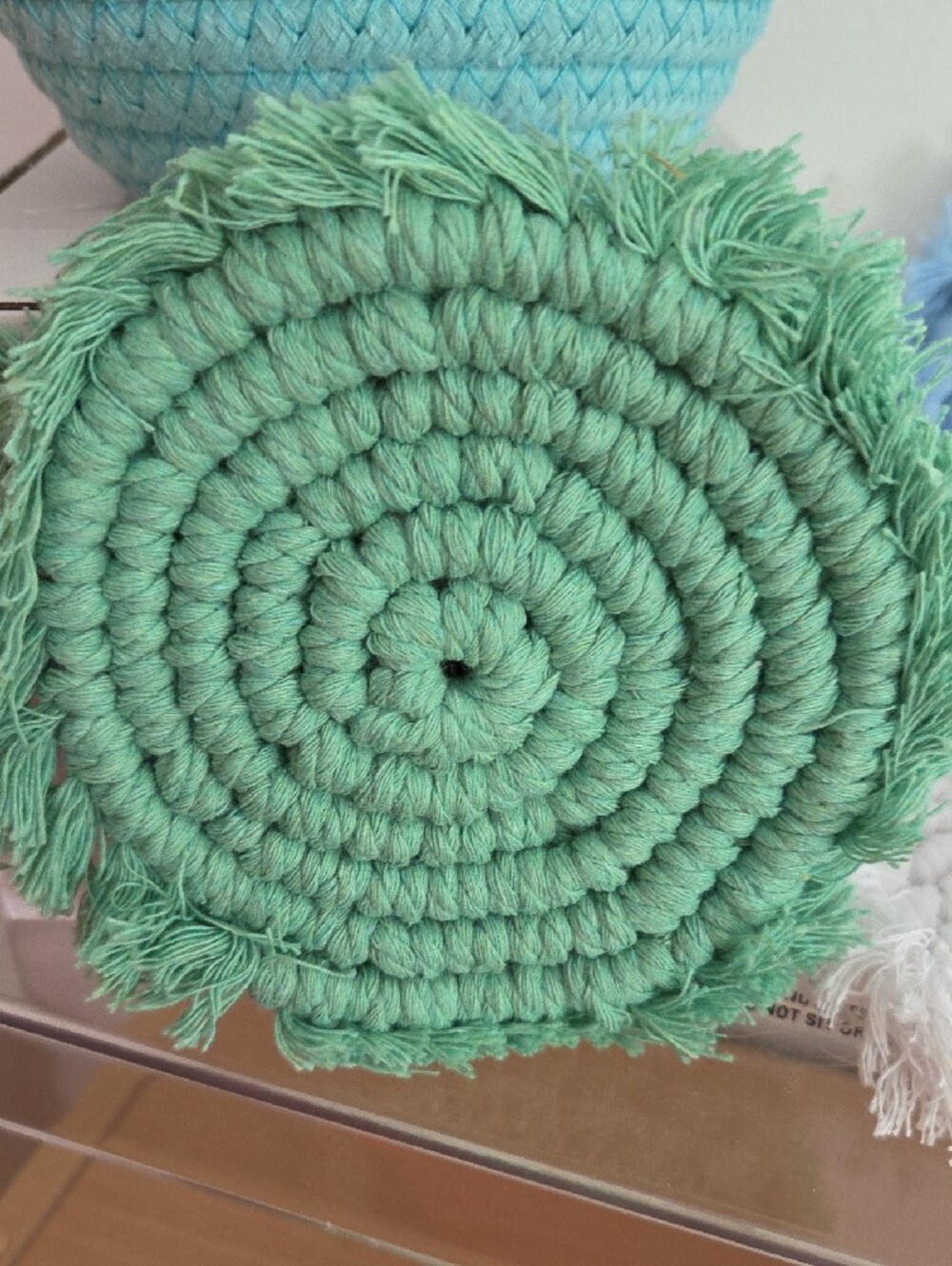 Braided Aqua Storage Basket with Assorted Fringe Coasters...set Of 6 - Picture 4 of 5
